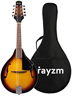 Rayzm Mandolina Tradicional Bluegrass en Color Sunburst Tostado con Funda Acolchada de Conciertos- Una Mandolina Acustica de 8 Cuerdas - Cuerpo de Tilo- Diapason de Nogal y Mastil de Caoba